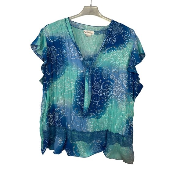 Dressbarn Woman Size 3x Blue & Green Swirl Polka Dot Sheer Blouse Lightweight - Picture 1 of 7